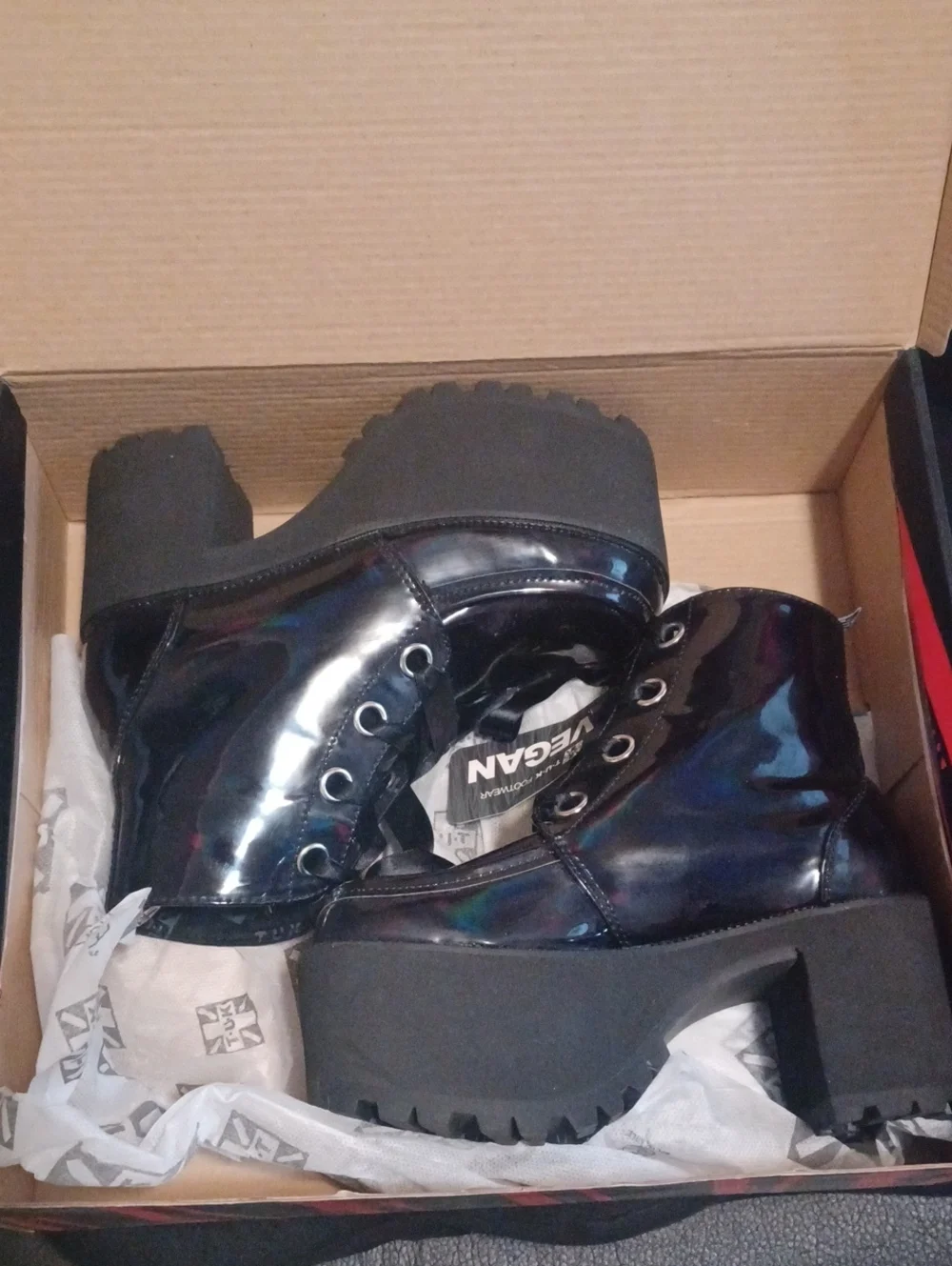 TUK Nosebleed Platform Boots.  Brand New With Box. Black Patent Size US5 UK3